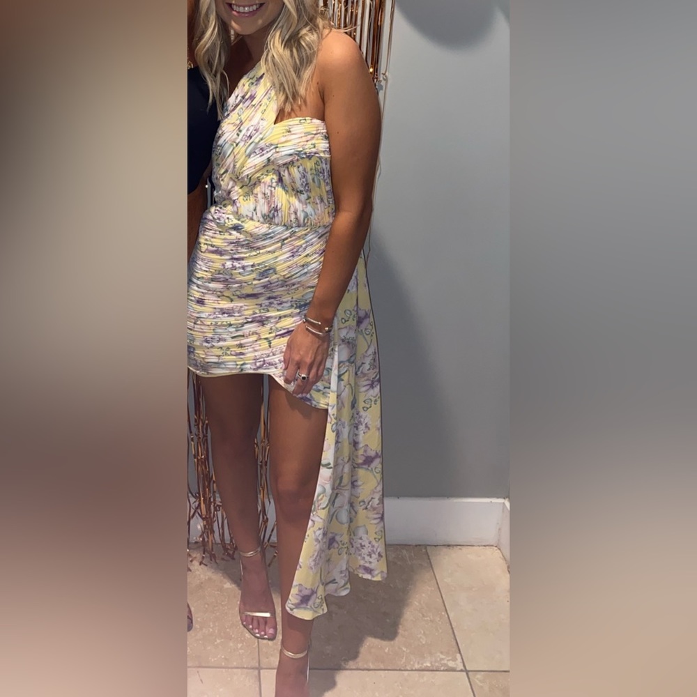 One shoulder floral mini dress with hanging sash